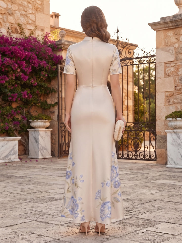 A-Line/Princess V-Neck Short Sleeves Satin Ankle-Length Mother of the Bride Dresses with Floral Printed