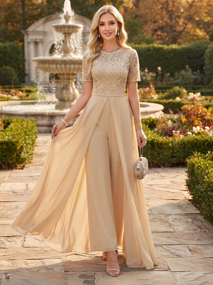 Jumpsuits Scoop Short Sleeves Chiffon Ankle-Length Mother of the Bride Dresses with Overskirt &amp; Appliques