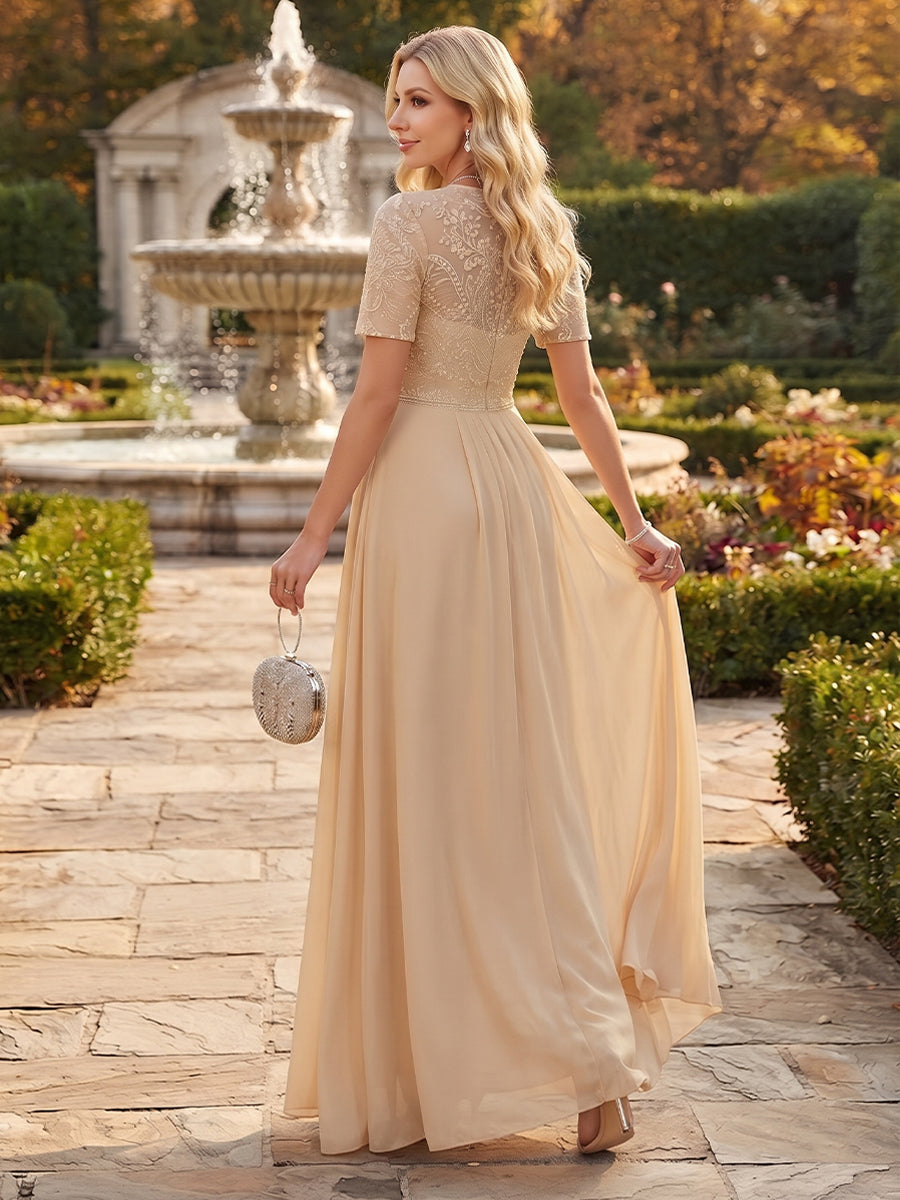Jumpsuits Scoop Short Sleeves Chiffon Ankle-Length Mother of the Bride Dresses with Overskirt &amp; Appliques