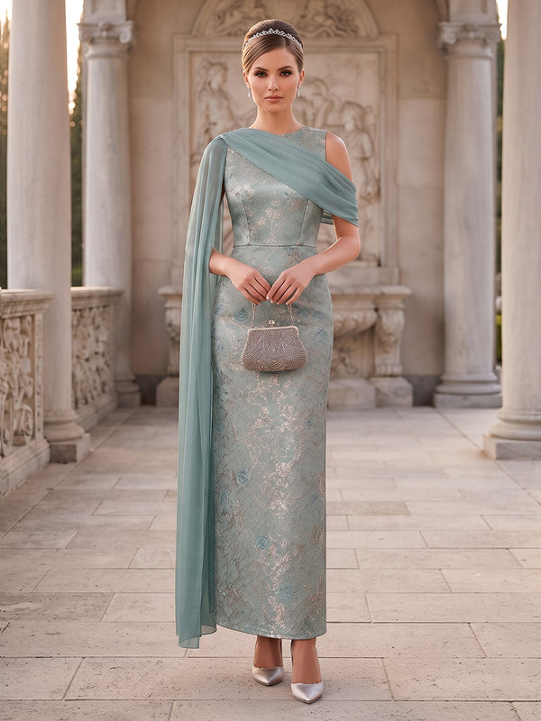 Sheath/Column Scoop Sleeveless Jacquard Ankle-Length Mother of the Bride Dresses with Floral Printed & Scarf