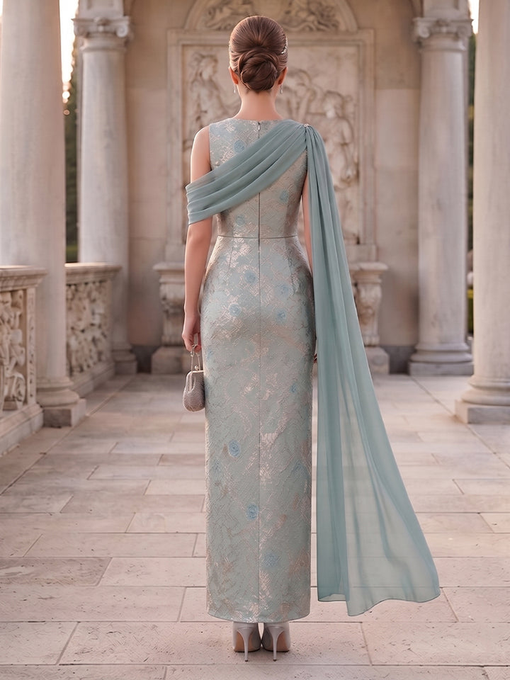 Sheath/Column Scoop Sleeveless Jacquard Ankle-Length Mother of the Bride Dresses with Floral Printed &amp; Scarf