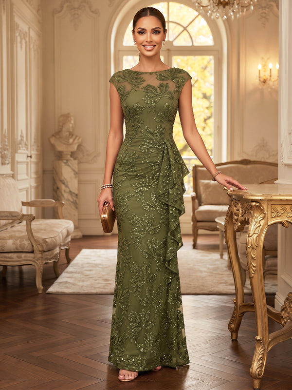 Sheath/Column Scoop Sleeveless Lace Floor-Length Mother of the Bride Dresses with Sequins & Ruffles
