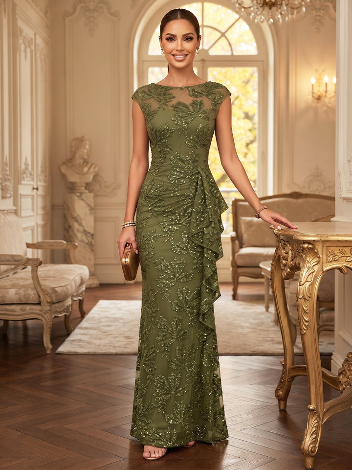 Sheath/Column Scoop Sleeveless Lace Floor-Length Mother of the Bride Dresses with Sequins &amp; Ruffles