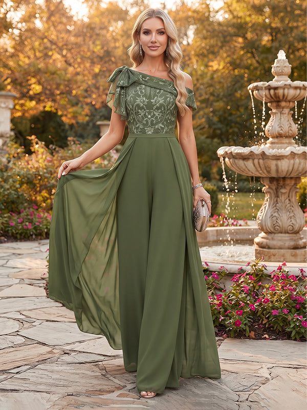 Jumpsuits Off-the-Shoulder Sleeveless Chiffon Floor-Length Mother of the Bride Dresses with Overskirt & Appliques