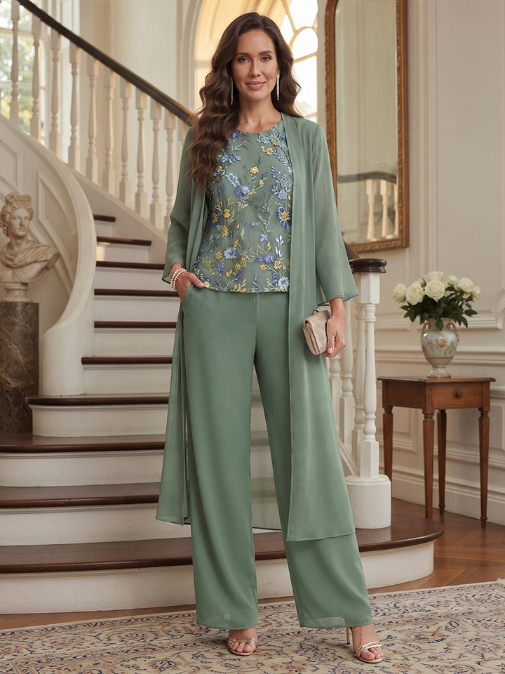 Pantsuit 3 Piece Scoop Long Sleeves Chiffon Ankle-Length Mother of the Bride Dresses with Embroidery