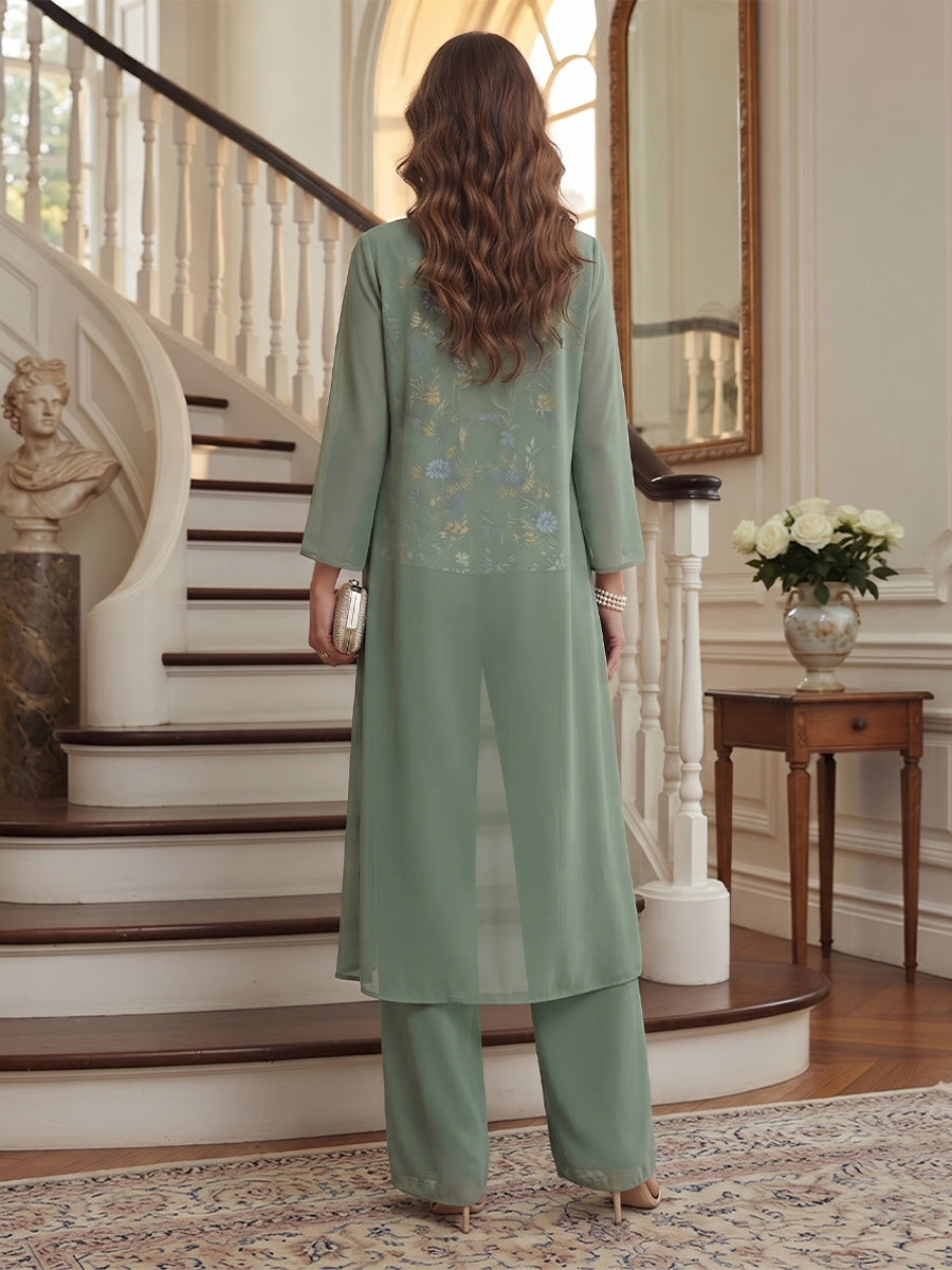 Pantsuit 3 Piece Scoop Long Sleeves Chiffon Ankle-Length Mother of the Bride Dresses with Embroidery