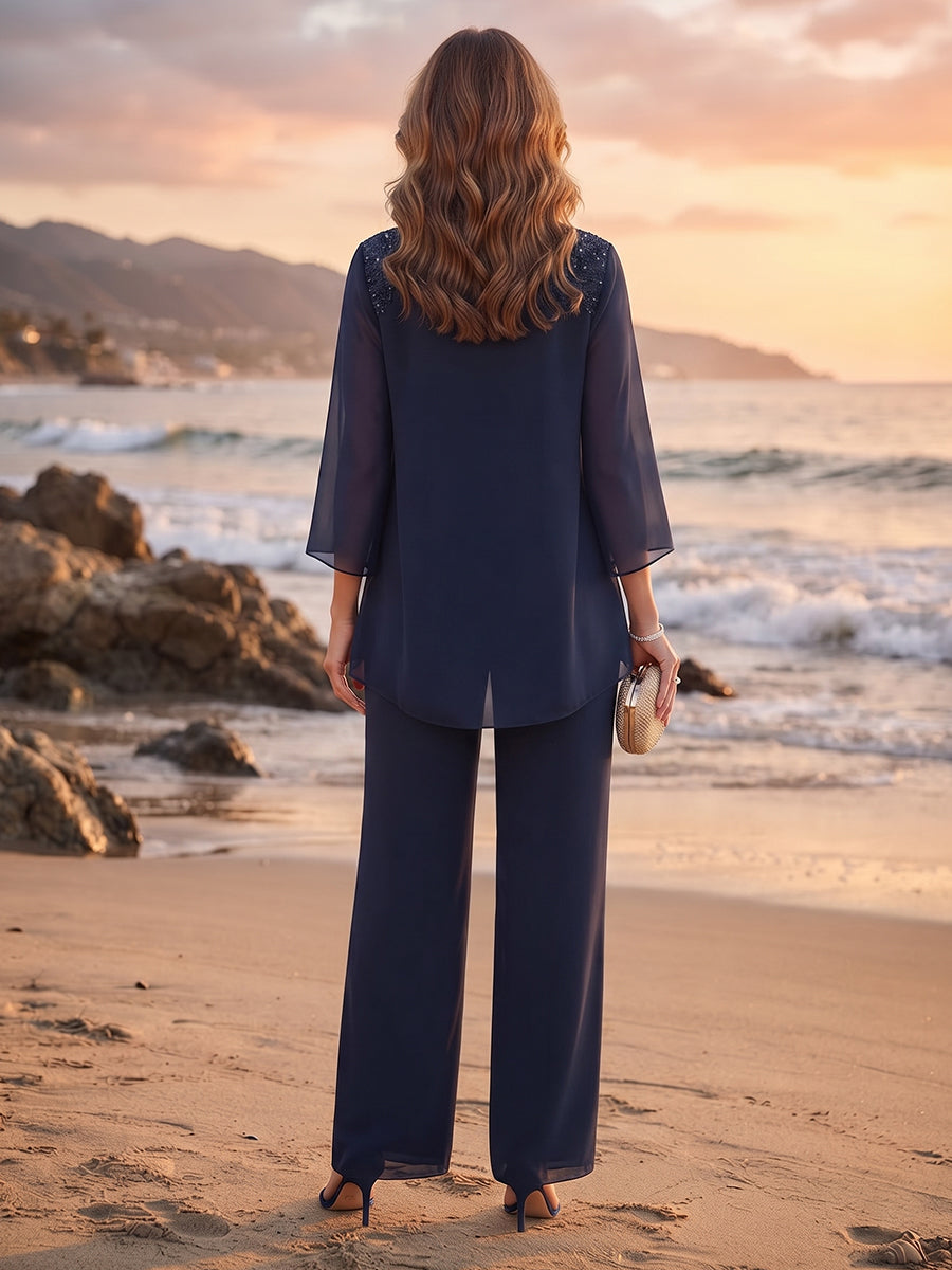 Pantsuit 3 Piece Scoop 3/4 Sleeves Chiffon Ankle-Length Mother of the Bride Dresses with Beading