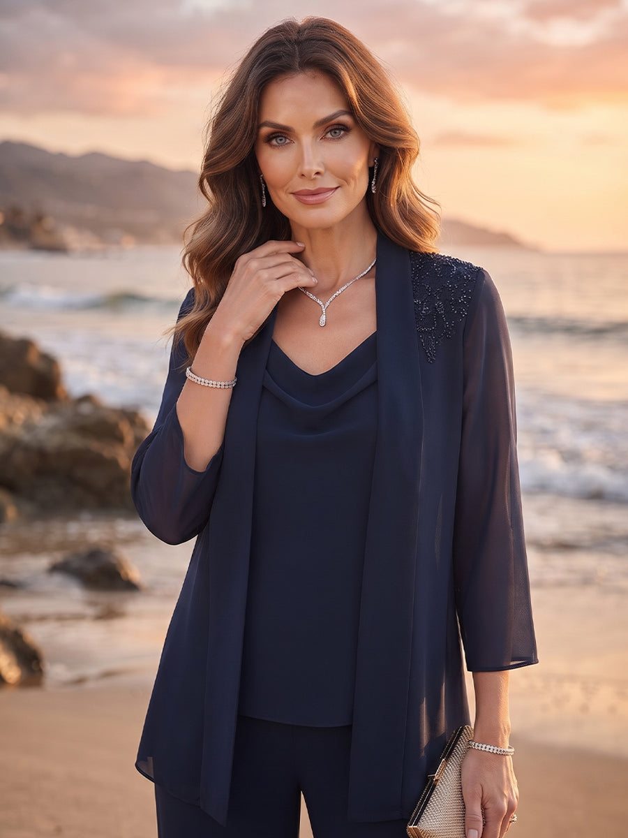 Pantsuit 3 Piece Scoop 3/4 Sleeves Chiffon Ankle-Length Mother of the Bride Dresses with Beading