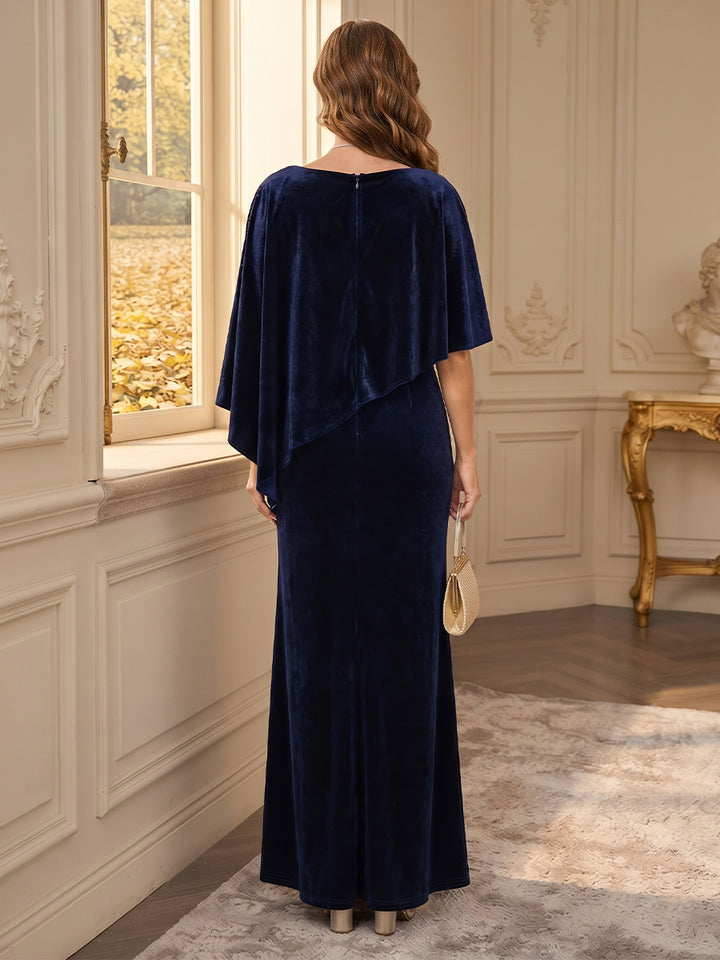 Sheath/Column Scoop Half Sleeves Velvet Floor-Length Mother of the Bride Dresses with Sequins &amp; Appliques