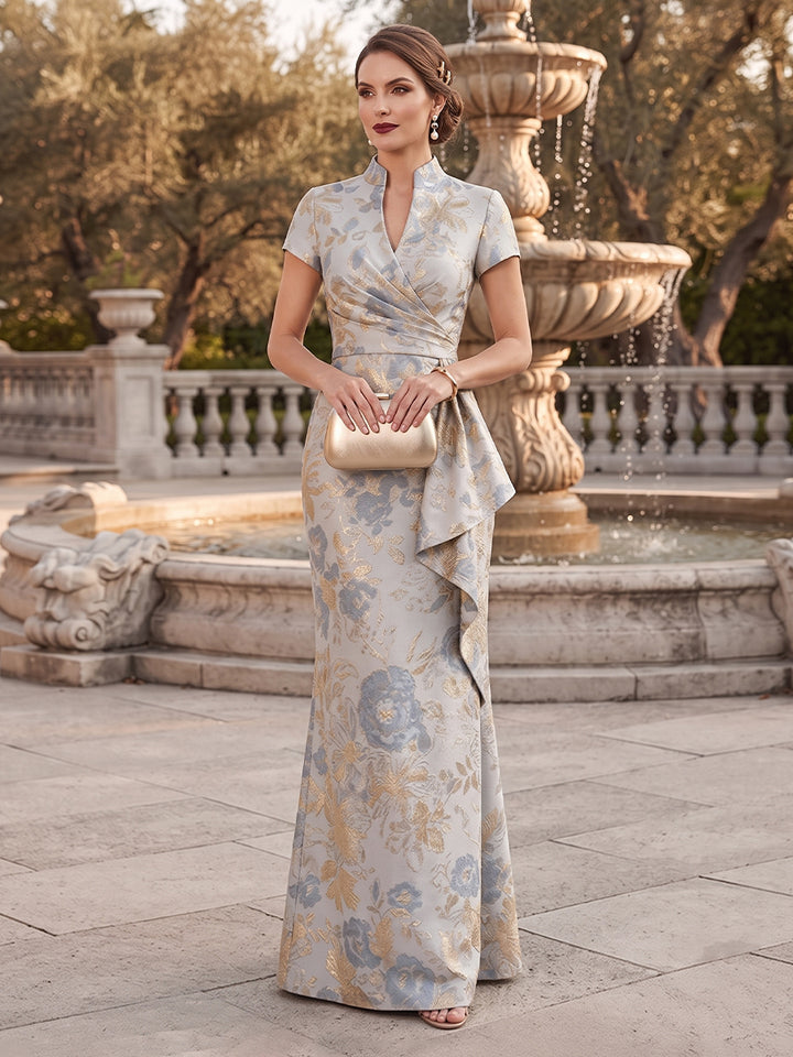 A-Line/Princess V-Neck Short Sleeves Jacquard Floor-Length Mother of the Bride Dresses with Ruffles
