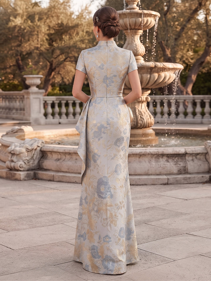 A-Line/Princess V-Neck Short Sleeves Jacquard Floor-Length Mother of the Bride Dresses with Ruffles