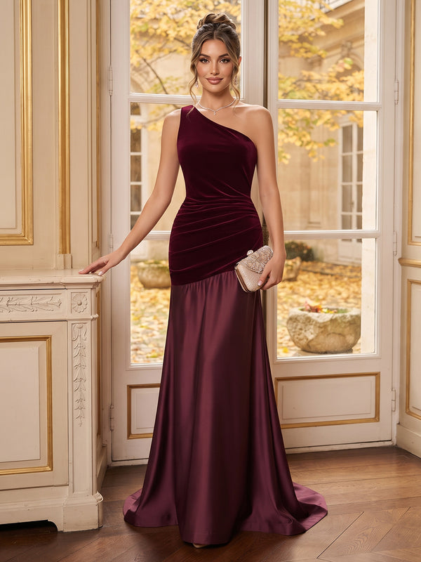 A-Line/Princess One-Shoulder Sleeveless Velvet,Satin Floor-Length Prom Dresses with Ruffles
