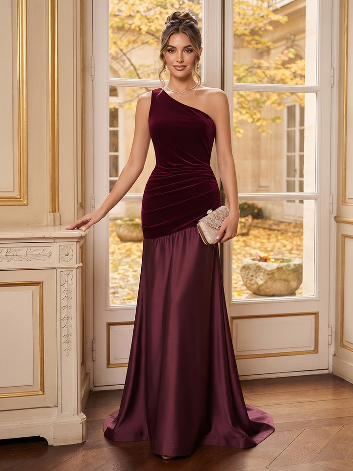 A-Line/Princess One-Shoulder Sleeveless Velvet,Satin Floor-Length Prom Dresses with Ruffles