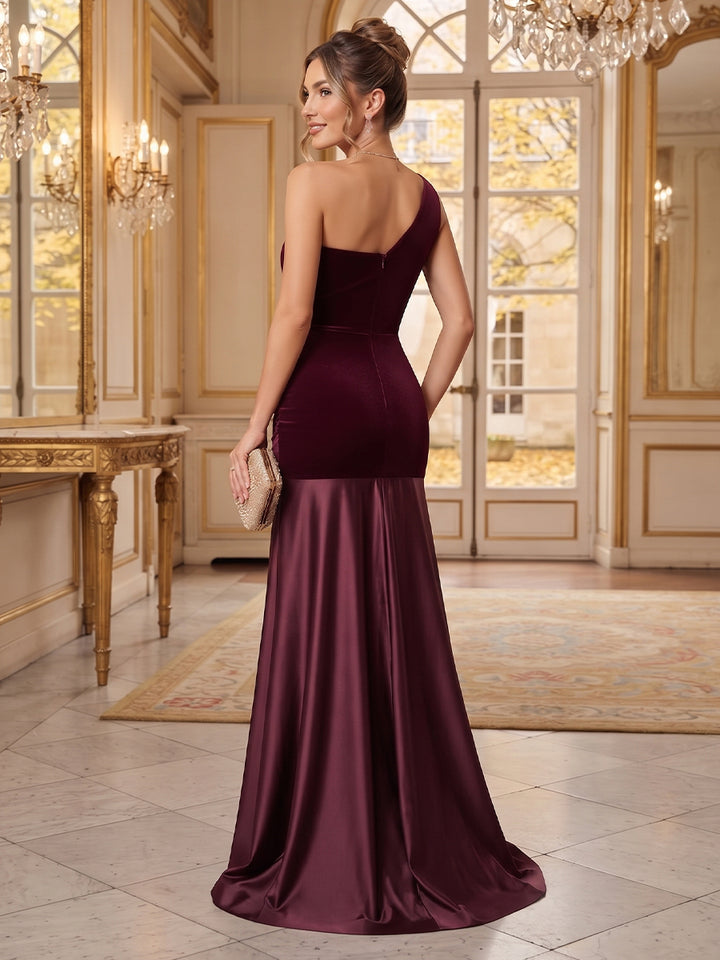 A-Line/Princess One-Shoulder Sleeveless Velvet,Satin Floor-Length Prom Dresses with Ruffles