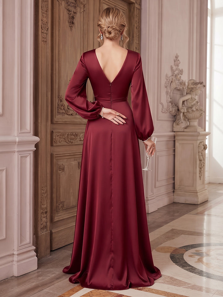 A-Line/Princess V-Neck Long Sleeves Satin Sweep Train/Brush Train Prom Dresses with Split Side