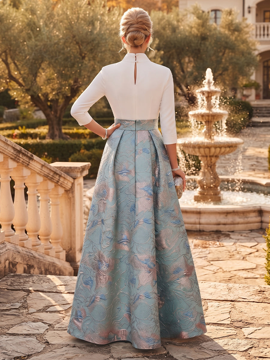 A-Line/Princess V-Neck 3/4 Sleeves Jacquard Floor-Length Mother of the Bride Dresses with Belt