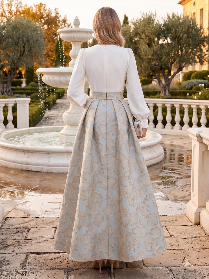 A-Line/Princess V-Neck Long Sleeves Jacquard Floor-Length Mother of the Bride Dresses with Belt