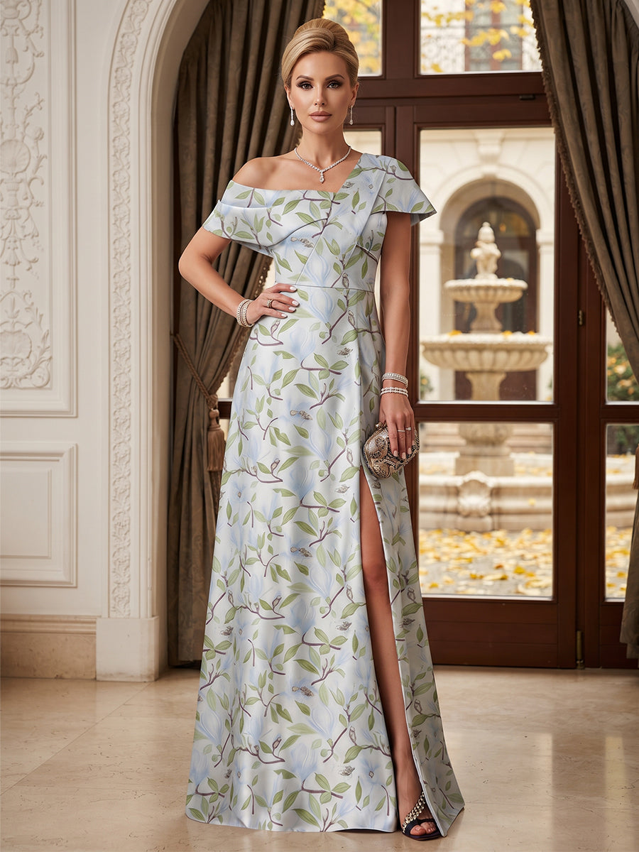 A-Line/Princess Asymmetrical Sleeveless Jacquard Floor-Length Mother of the Bride Dresses with Split Side &amp; Floral