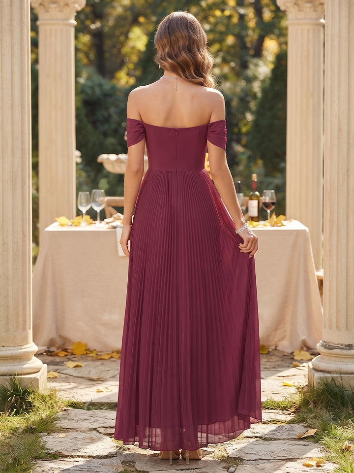 A-Line/Princess Off-the-Shoulder Sleeveless Chiffon Floor-Length Bridesmaid Dresses with Pleats