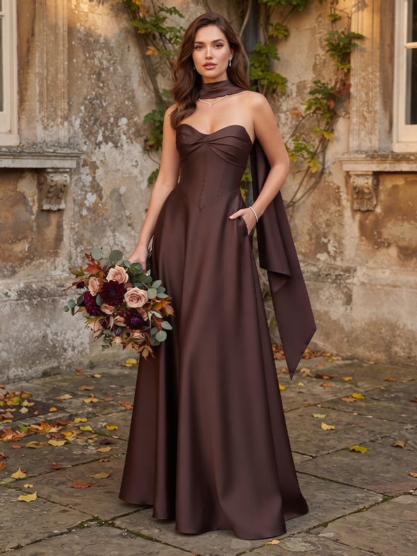 A-Line/Princess Strapless Sleeveless Silk Satin Floor-Length Bridesmaid Dresses with Scarf