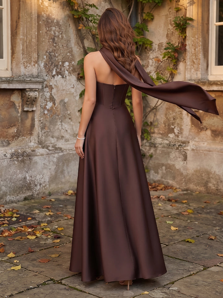 A-Line/Princess Strapless Sleeveless Silk Satin Floor-Length Bridesmaid Dresses with Scarf