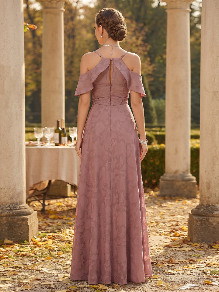 A-Line/Princess Cold Shoulder Short Sleeves Chiffon Floor-Length Bridesmaid Dresses with Florals
