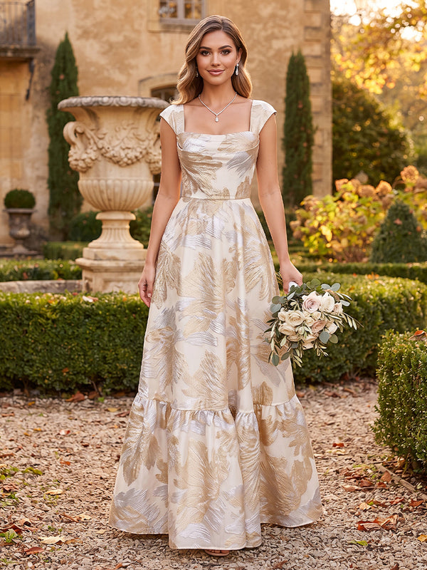 A-Line/Princess Square Neck Cap Sleeves Jacquard Floor-Length Bridesmaid Dresses with Ruched