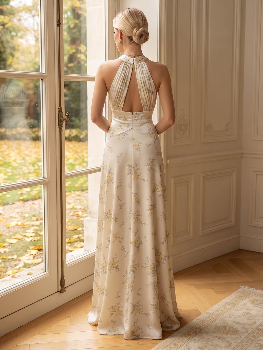 A-Line/Princess Halter Sleeveless Silk Satin Floor-Length Bridesmaid Dresses with Floral Printed