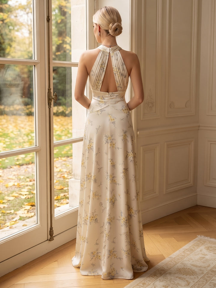 A-Line/Princess Halter Sleeveless Silk Satin Floor-Length Bridesmaid Dresses with Floral Printed