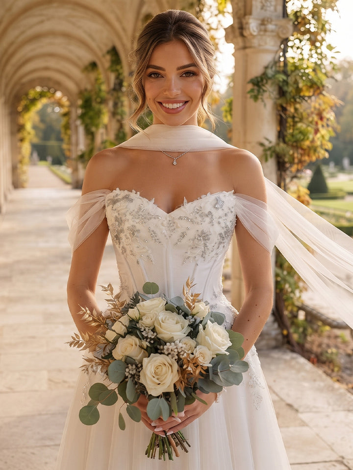 A-Line/Princess  Sweetheart  Sleeveless  Tulle  Sweep Train/Brush Train Wedding Dresses with Applique