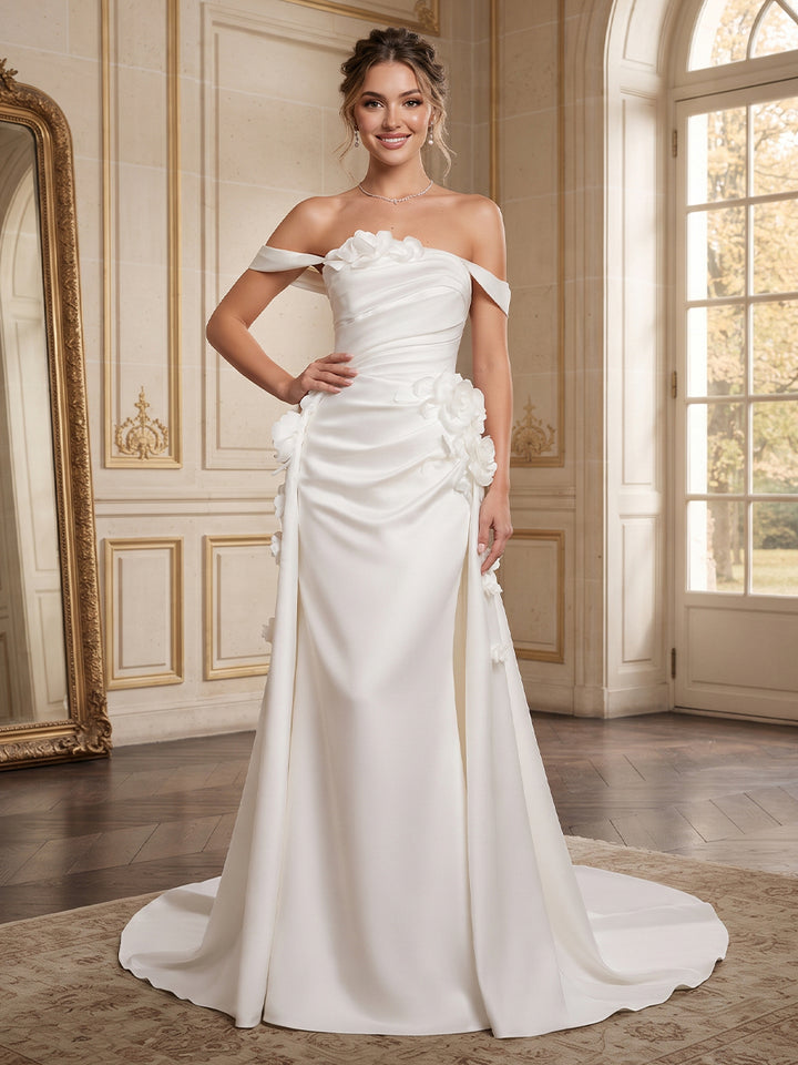A-Line/Princess  Off-the-Shoulder  Sleeveless  Satin  Sweep Train/Brush Train Wedding Dresses with 3D Flower