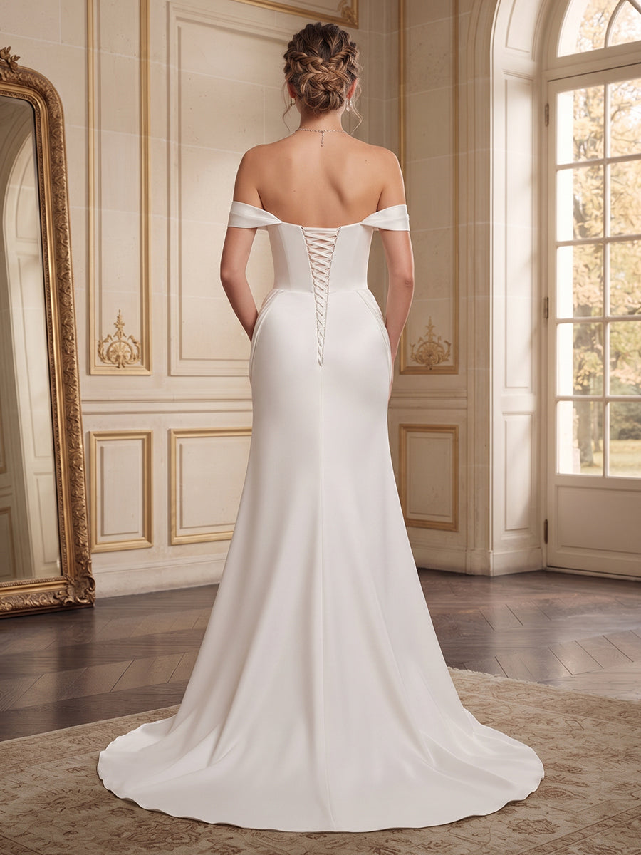 A-Line/Princess  Off-the-Shoulder  Sleeveless  Satin  Sweep Train/Brush Train Wedding Dresses with 3D Flower