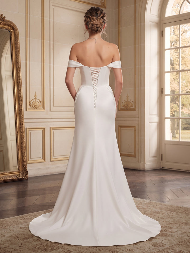 A-Line/Princess  Off-the-Shoulder  Sleeveless  Satin  Sweep Train/Brush Train Wedding Dresses with 3D Flower