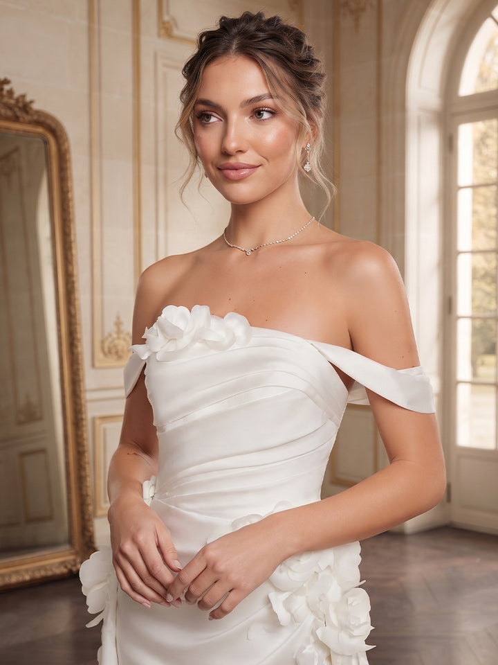 A-Line/Princess  Off-the-Shoulder  Sleeveless  Satin  Sweep Train/Brush Train Wedding Dresses with 3D Flower