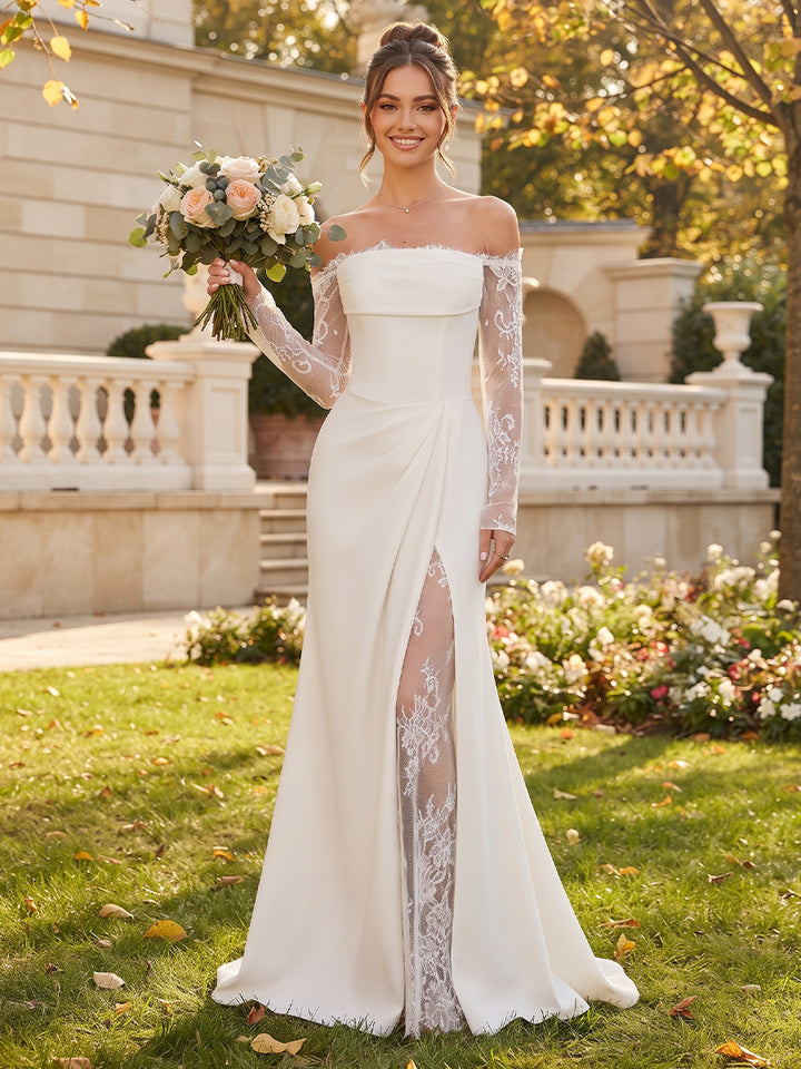 Trumpet/Mermaid  Off-the-Shoulder  Long Sleeves  Stretch Satin  Floor-Length  Wedding Dresses with Applique &amp; Split Side