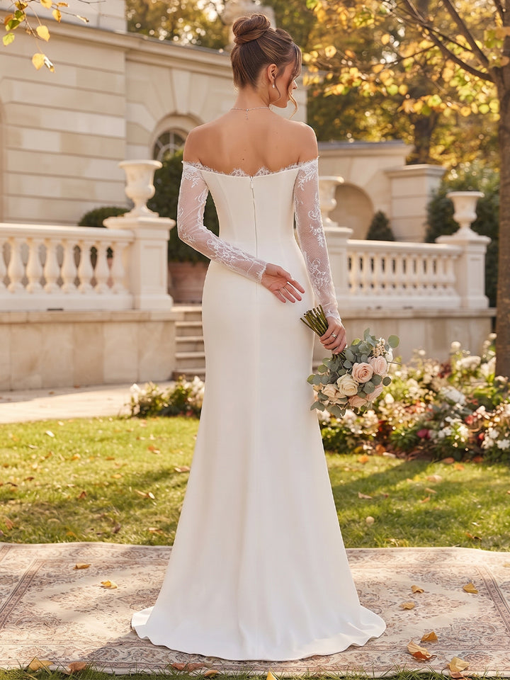 Trumpet/Mermaid  Off-the-Shoulder  Long Sleeves  Stretch Satin  Floor-Length  Wedding Dresses with Applique &amp; Split Side