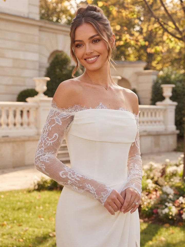 Trumpet/Mermaid  Off-the-Shoulder  Long Sleeves  Stretch Satin  Floor-Length  Wedding Dresses with Applique &amp; Split Side