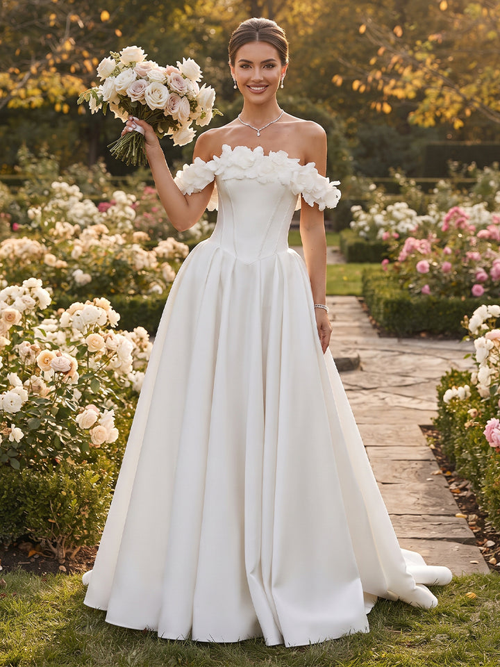 A-Line/Princess  Off-the-Shoulder  Sleeveless  Satin  Floor-Length  Wedding Dresses with 3D Flower