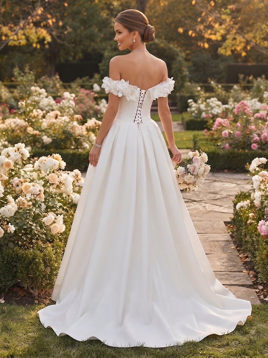 A-Line/Princess  Off-the-Shoulder  Sleeveless  Satin  Floor-Length  Wedding Dresses with 3D Flower