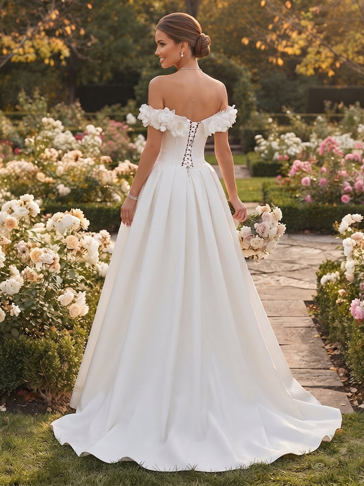 A-Line/Princess  Off-the-Shoulder  Sleeveless  Satin  Floor-Length  Wedding Dresses with 3D Flower