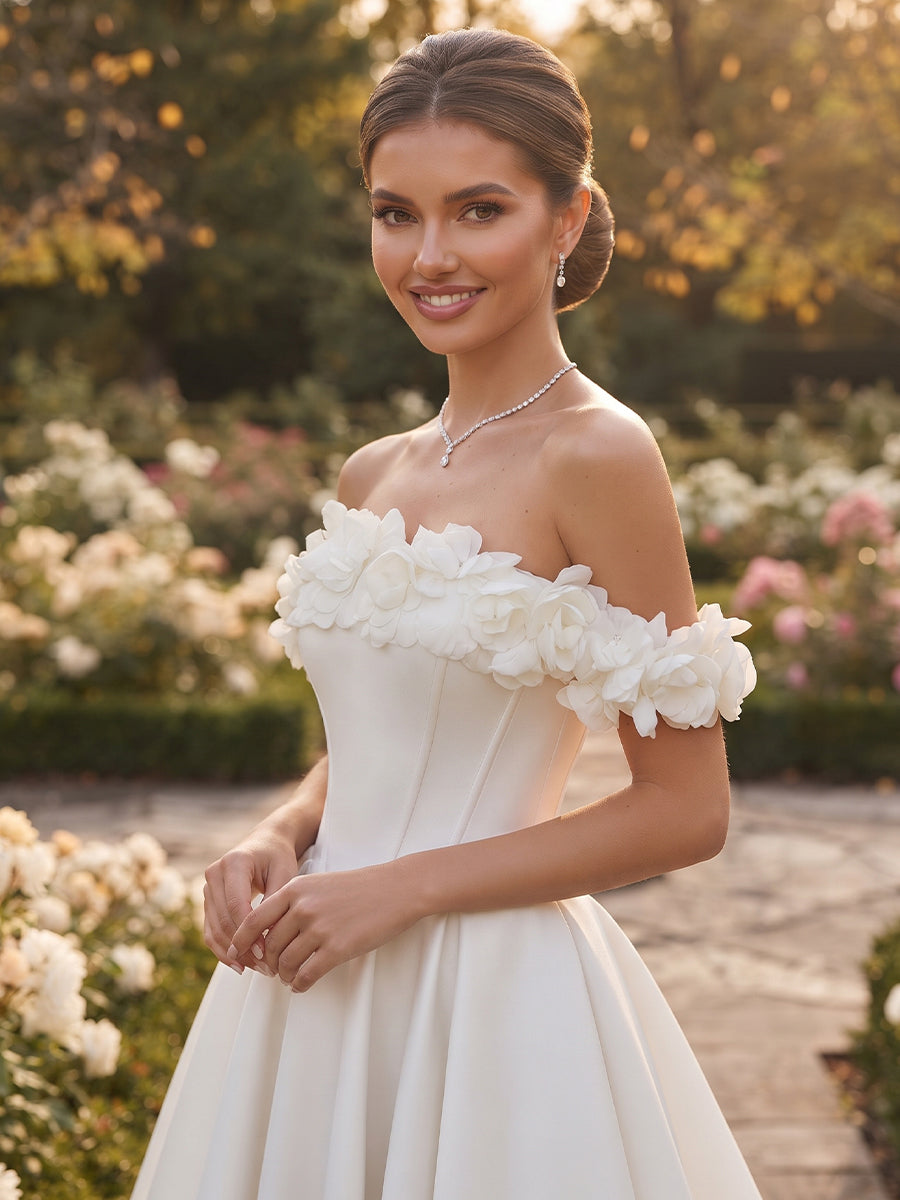 A-Line/Princess  Off-the-Shoulder  Sleeveless  Satin  Floor-Length  Wedding Dresses with 3D Flower