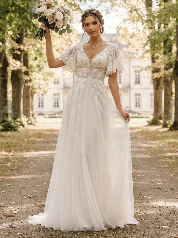 A-Line/Princess  V-Neck  Short Sleeves  Tulle  Floor-Length  Wedding Dresses with Applique&Ruffles