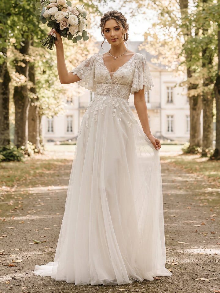 A-Line/Princess  V-Neck  Short Sleeves  Tulle  Floor-Length  Wedding Dresses with Applique&amp;Ruffles