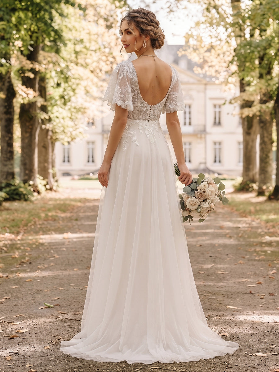A-Line/Princess  V-Neck  Short Sleeves  Tulle  Floor-Length  Wedding Dresses with Applique&amp;Ruffles