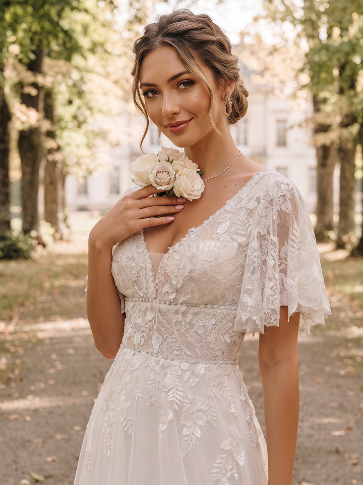 A-Line/Princess  V-Neck  Short Sleeves  Tulle  Floor-Length  Wedding Dresses with Applique&amp;Ruffles