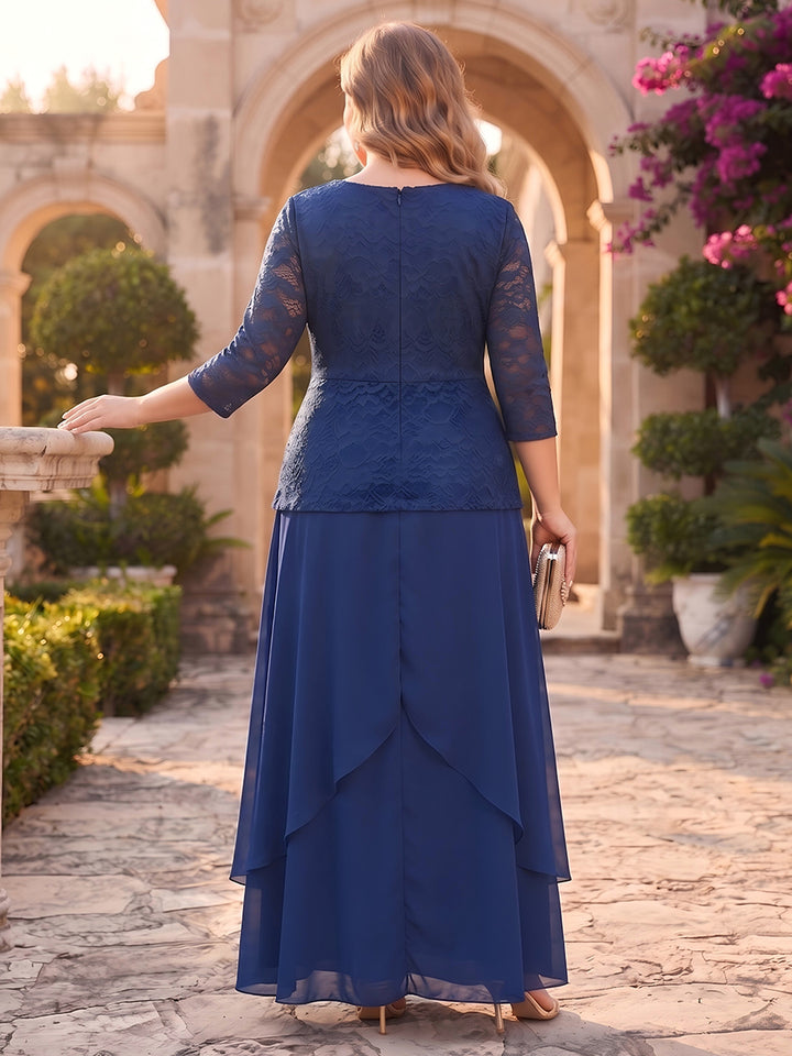 Sheath/Column Scoop 3/4 Sleeves Chiffon Floor-Length Plus Size Mother of the Bride Dresses with Lace