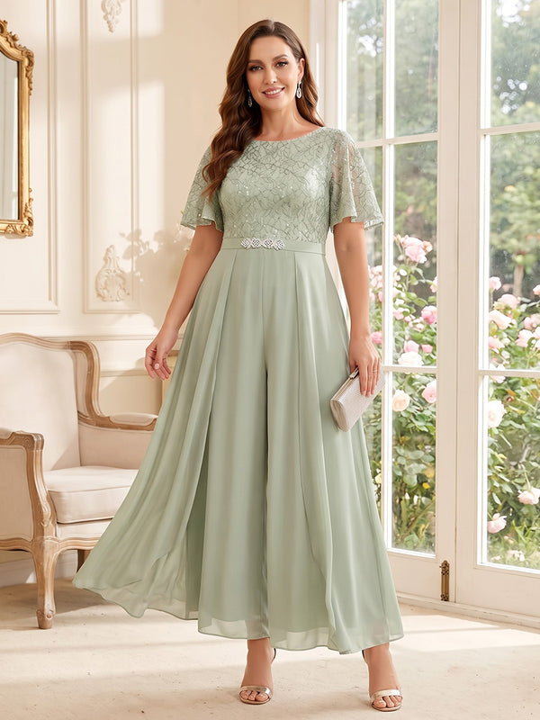 Jumpsuits Scoop Short Sleeves Chiffon Ankle-Length Plus Size Mother of the Bride Dresses with Lace & Pleats