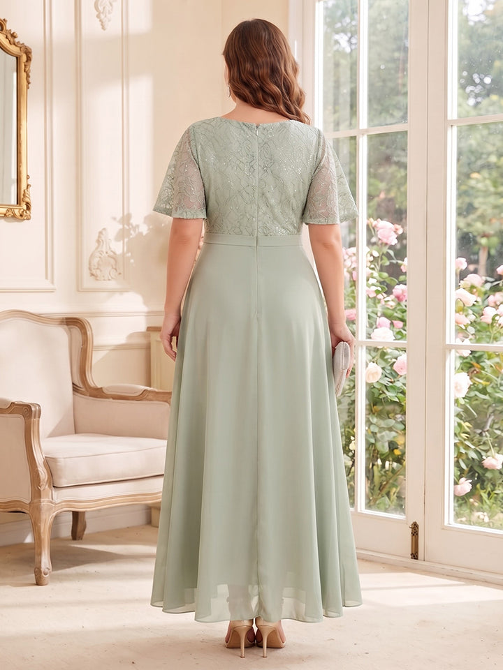 Jumpsuits Scoop Short Sleeves Chiffon Ankle-Length Plus Size Mother of the Bride Dresses with Lace &amp; Pleats