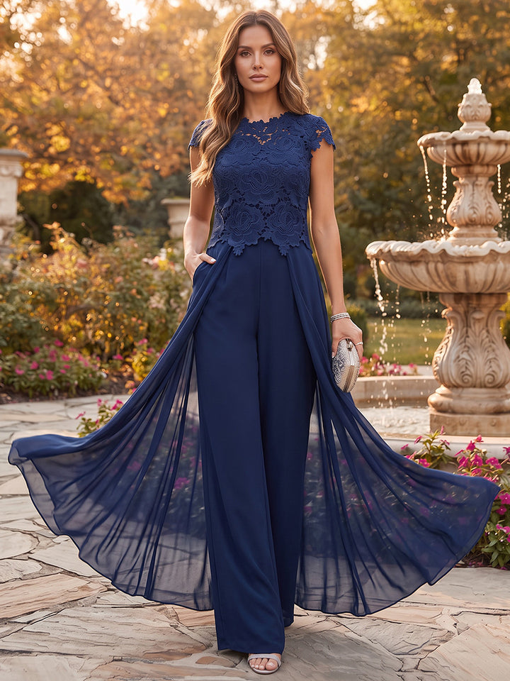 Jumpsuits Scoop Cap Sleeves Chiffon Floor-Length Mother of the Bride Dresses with Lace