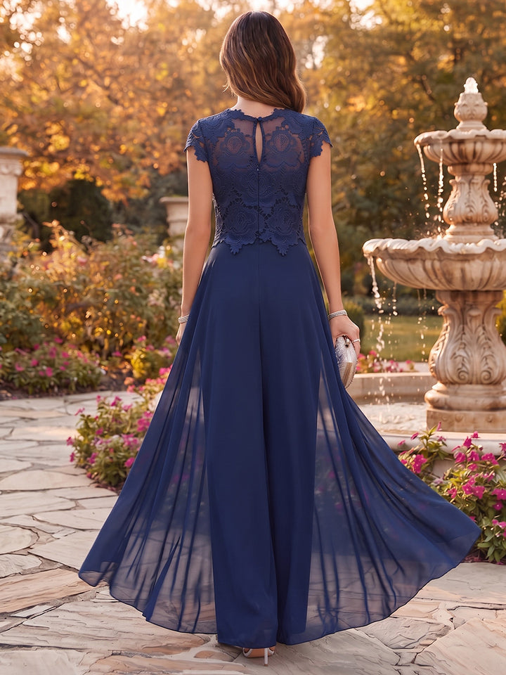 Jumpsuits Scoop Cap Sleeves Chiffon Floor-Length Mother of the Bride Dresses with Lace